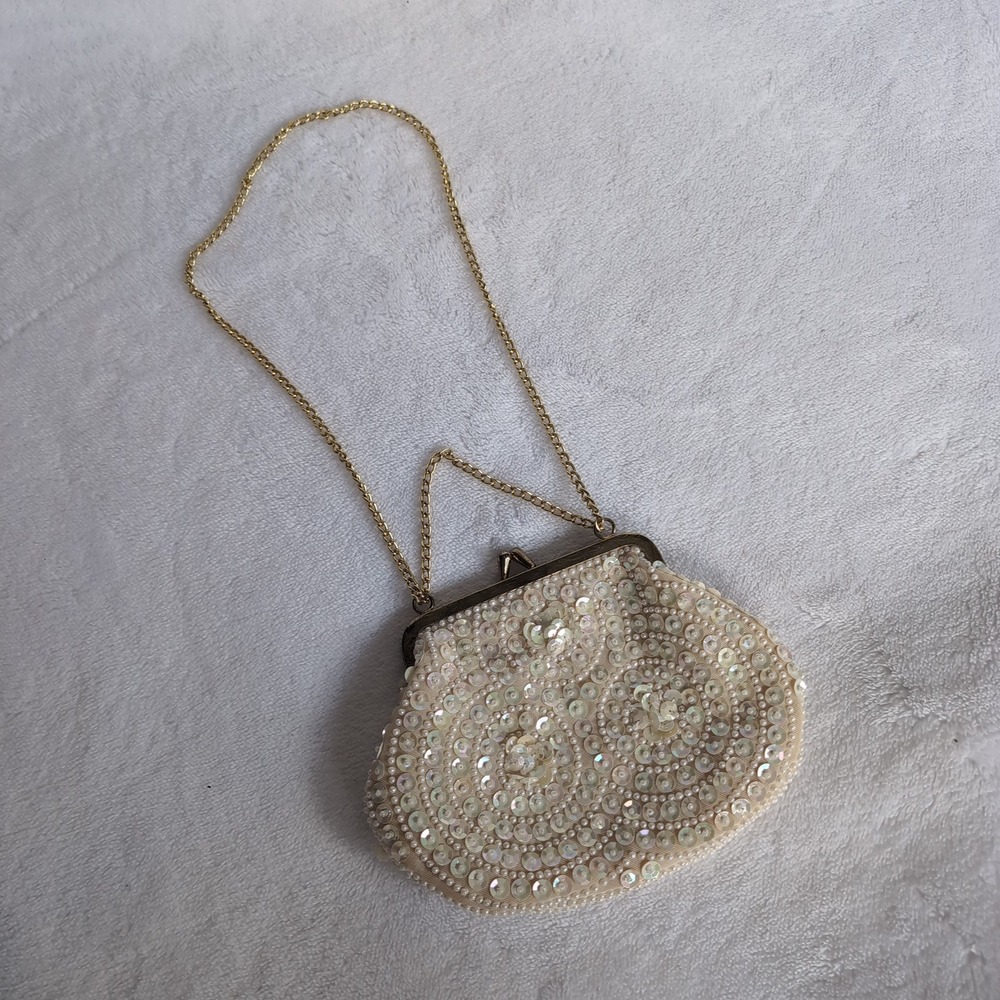 Vintage Le Jule Sequin Bead Pearl Clutch Women Cream Kiss Lock Chain Evening Bag
